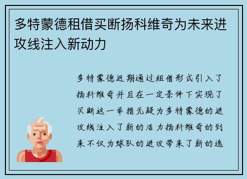 多特蒙德租借买断扬科维奇为未来进攻线注入新动力 多特蒙德租借买断扬科维奇为未来进攻线注入新动力